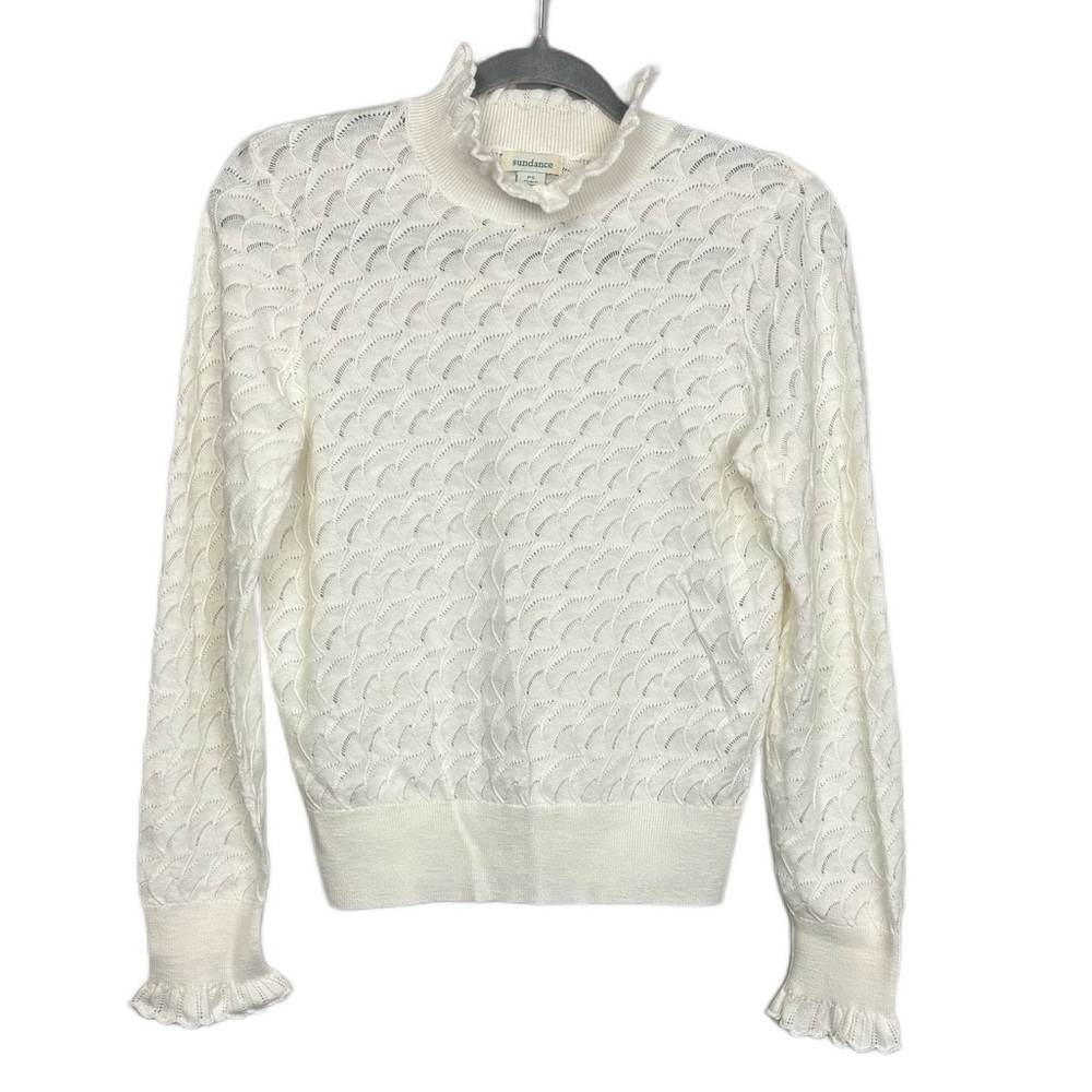 Sundance Cotton Blend Ruffle Trim Mock Neck Sweater Small Petite Ivory